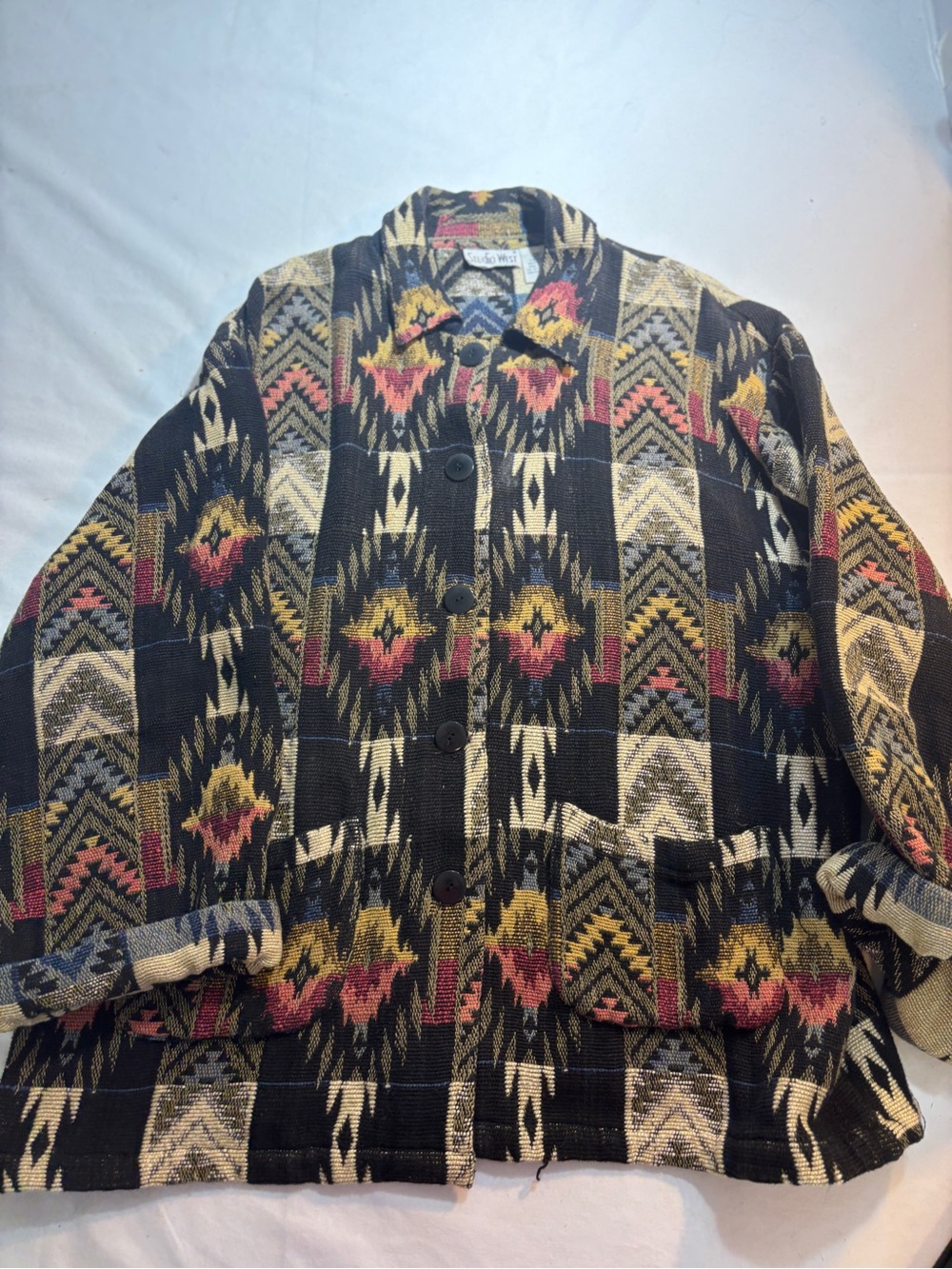 Studio West Southwestern Black Multi-Color Patterned Jacket Sz 2X